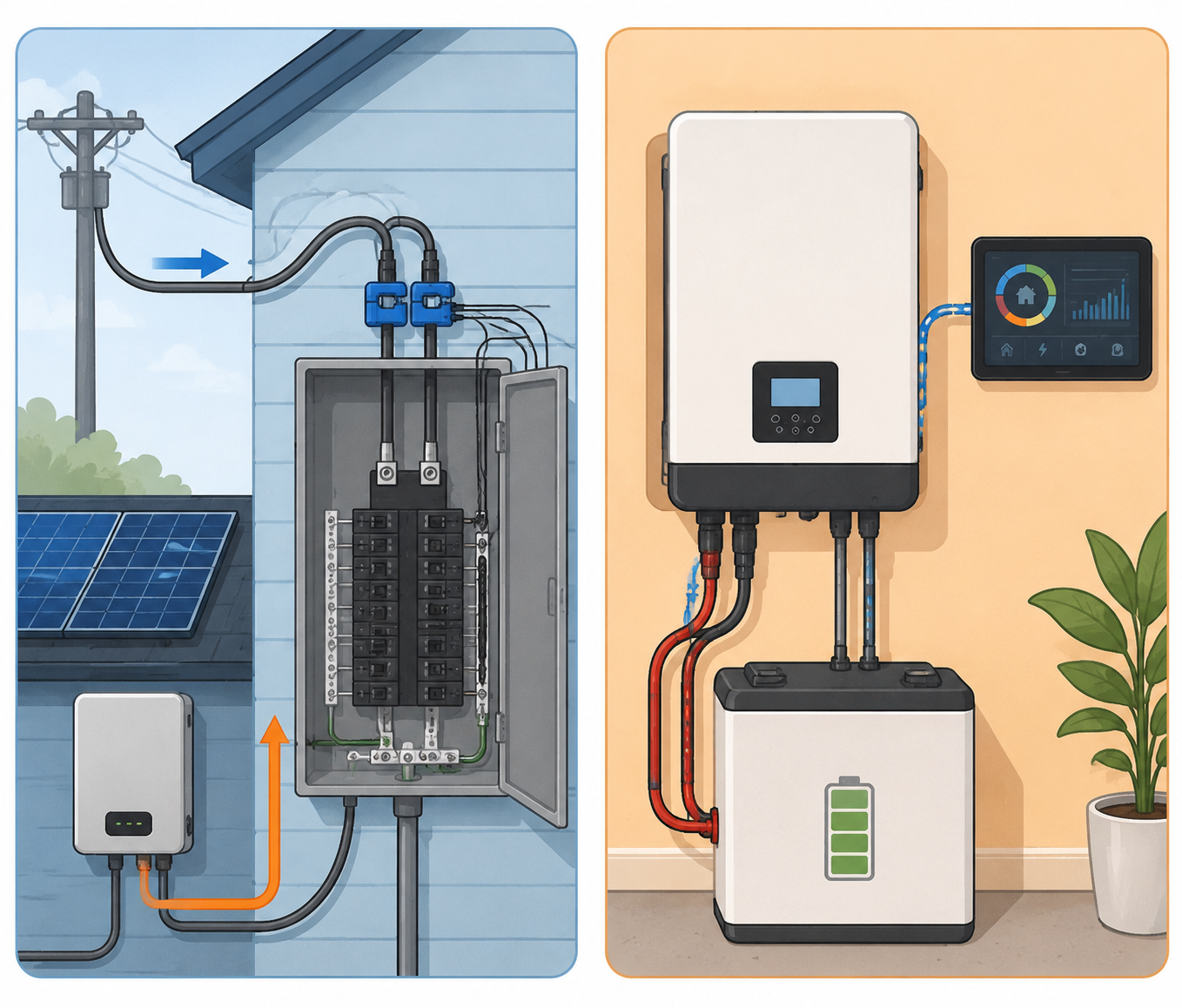 Comparison of AC panel monitoring with CT clamps versus direct hybrid inverter and battery integration