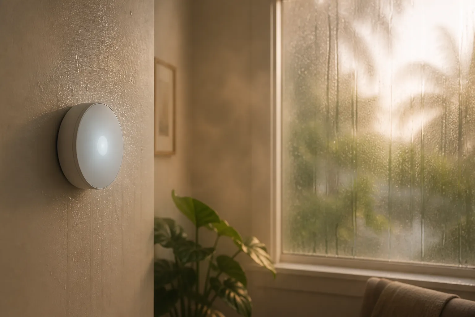 Smart thermostat in a humid heat-wave room with moisture haze and condensation on a window