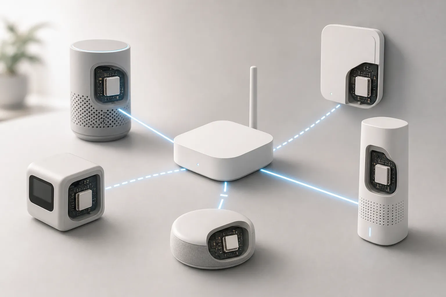 Different air quality monitors connected to a central smart-home hub, with similar internal sensor chips visible