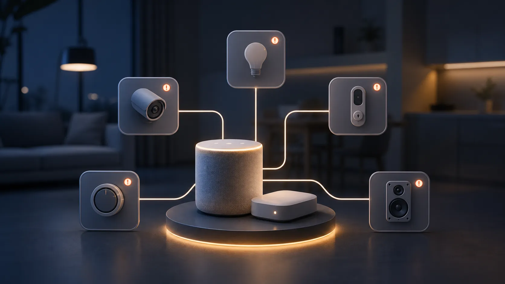 Smart-home network illustration with a central hub speaker and set-top box connected to dimmed device tiles