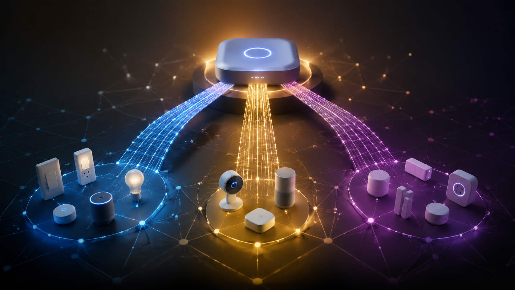 Editorial illustration of Matter, Zigbee, and Z-Wave network paths branching from a smart home hub