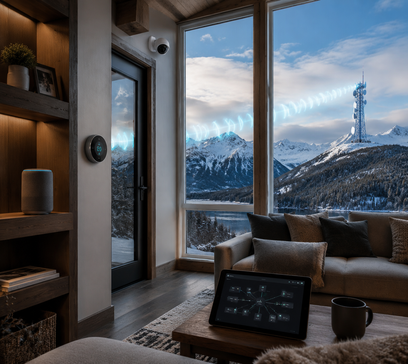 Modern Alaskan smart home connected by a 5G signal to a communications tower