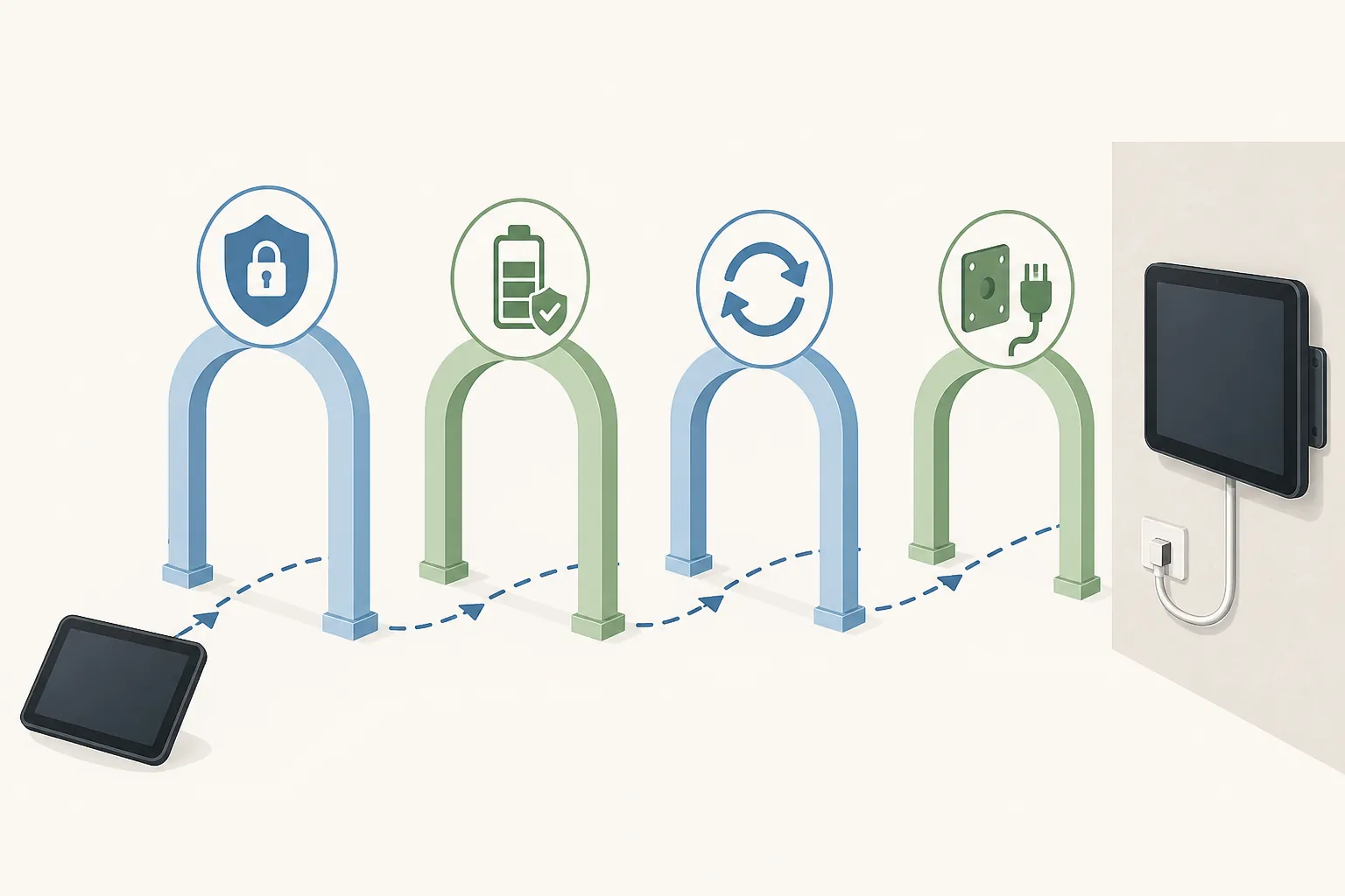 Illustration of a tablet passing through kiosk, battery, update, and wall-mount gates before reaching a smart home dashboard mount