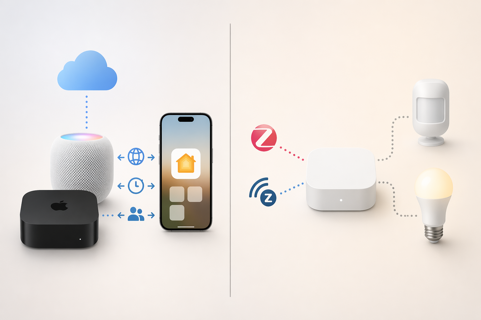 A split illustration showing an Apple HomeKit Hub connected to an iPhone with arrows for remote access, automations, and sharing on the left, and a bridge device connected to Zigbee and Z-Wave sensors and a light bulb on the right.