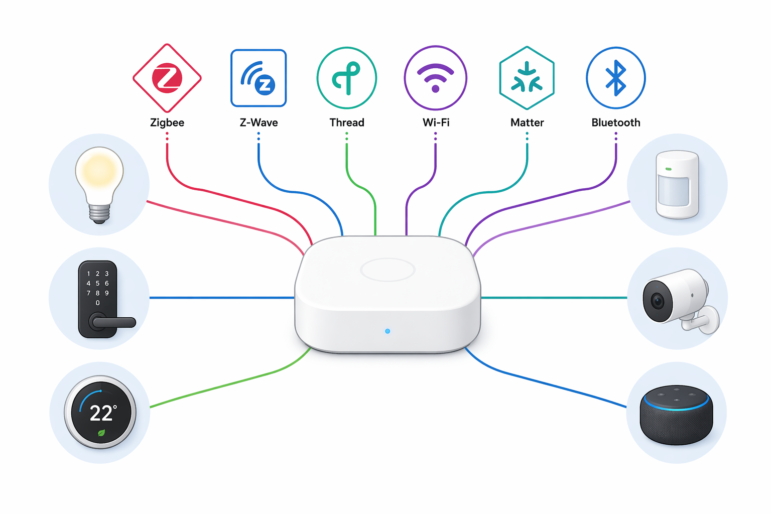 Minimalist diagram with a central hub at the center and colored connection lines radiating to icons of light bulb, door lock, thermostat, motion sensor, camera, and smart speaker. Protocol symbols for Zigbee, Z-Wave, Thread, Wi-Fi, Matter, and Bluetooth surround the hub.