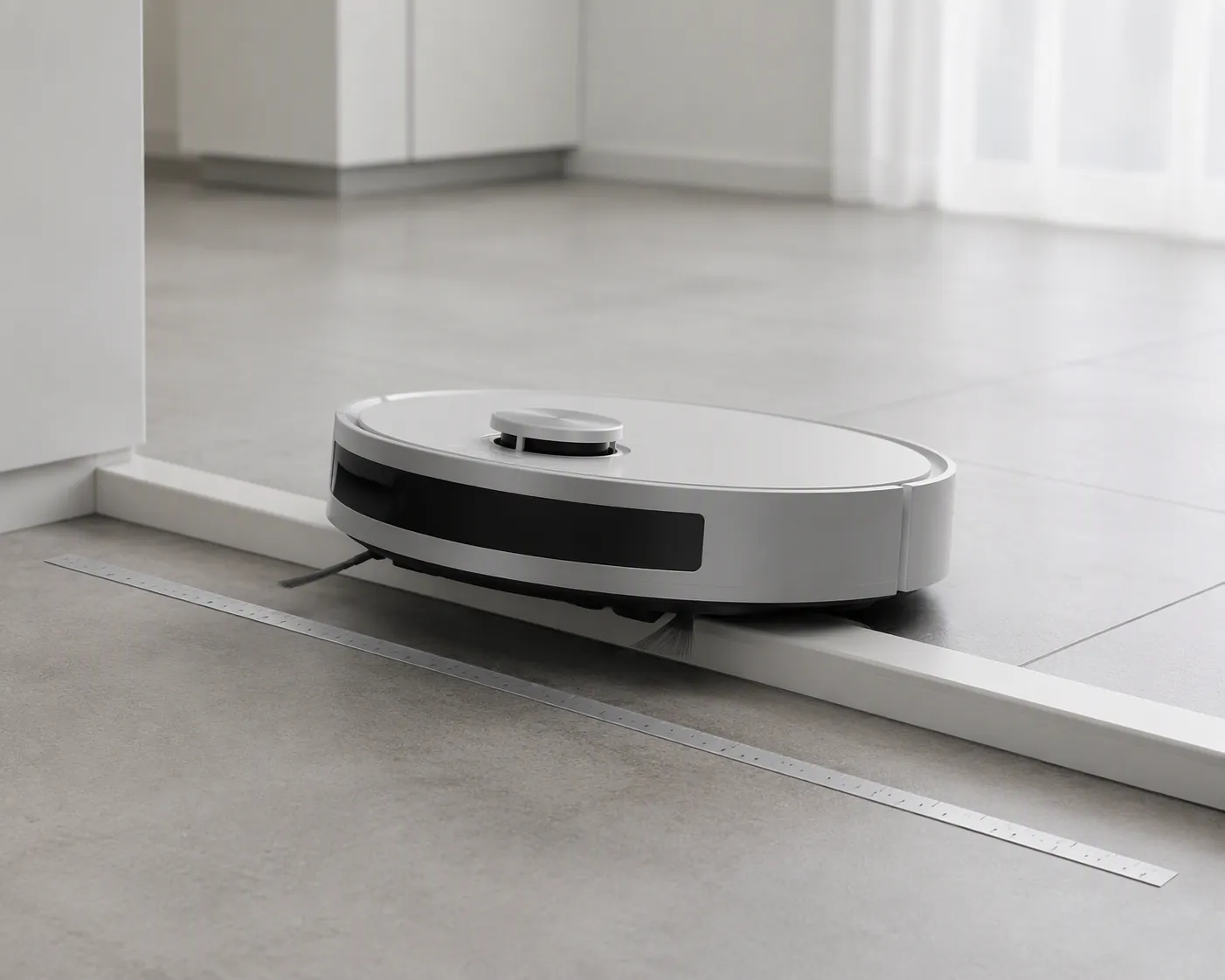 Robot vacuum climbing over a raised threshold strip with measuring markers in a test room