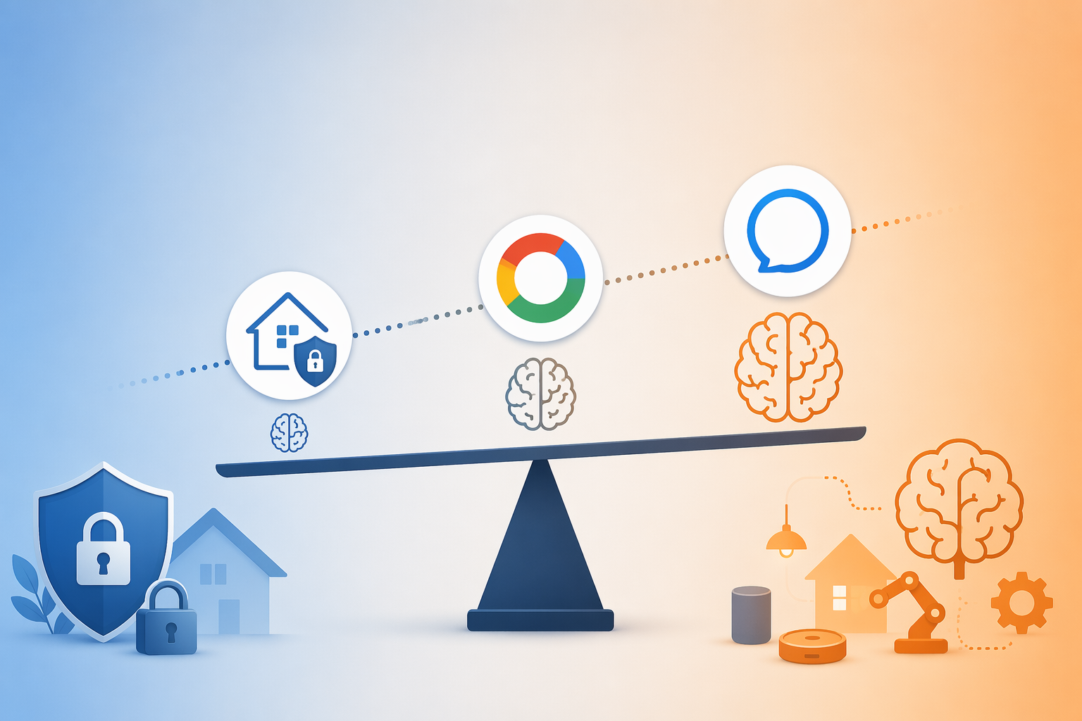 A flat vector balance-scale illustration with three icons representing Apple (home-plus-shield), Google (colorful circle), and Alexa (speech bubble) placed along a horizontal spectrum from cool blue Privacy end to warm orange Capability end.
