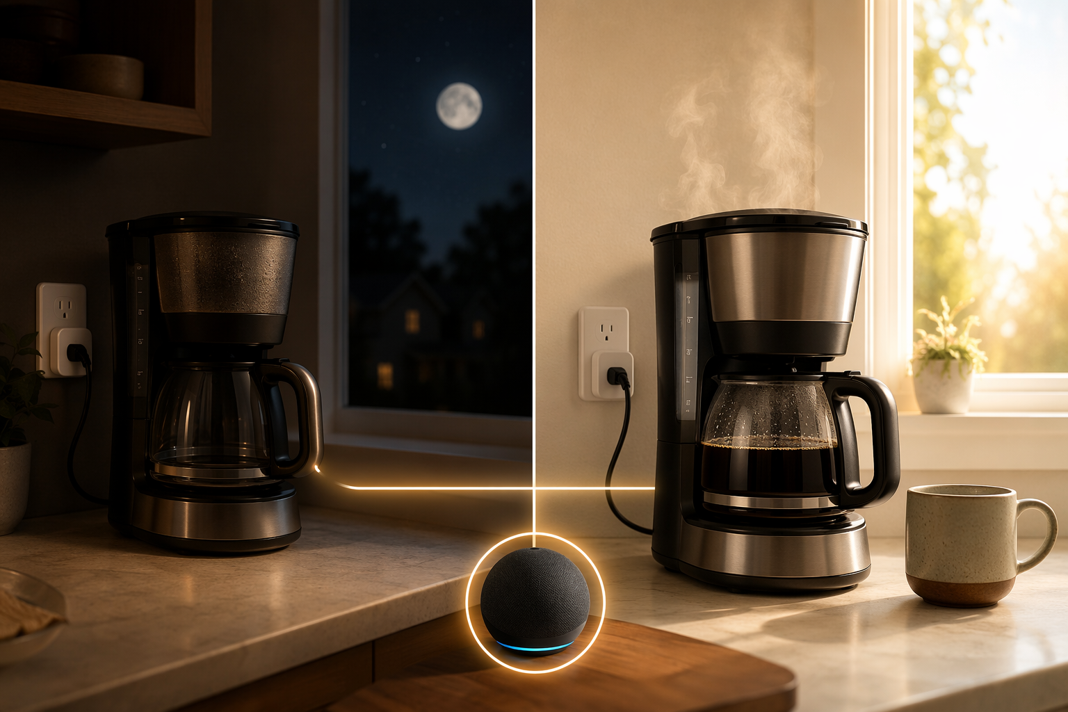 Coffee maker prepared at night and brewing in the morning through an Alexa smart plug routine