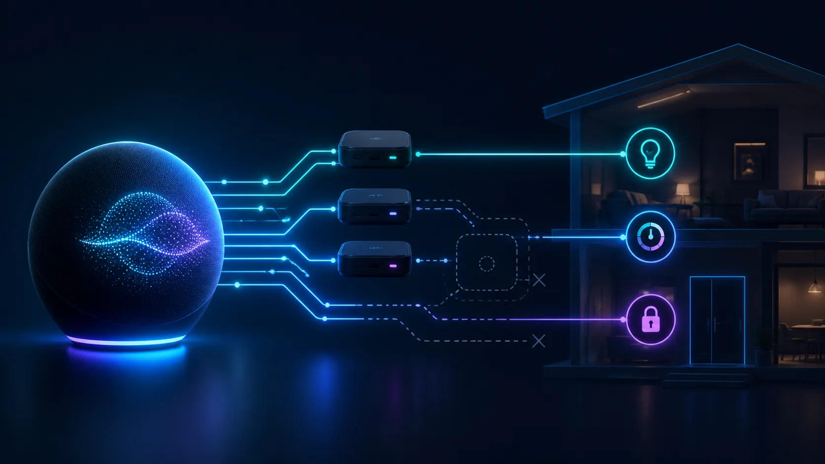 Voice-assistant orb connected through adapter boxes to smart-home device icons, with some unsupported paths dimmed