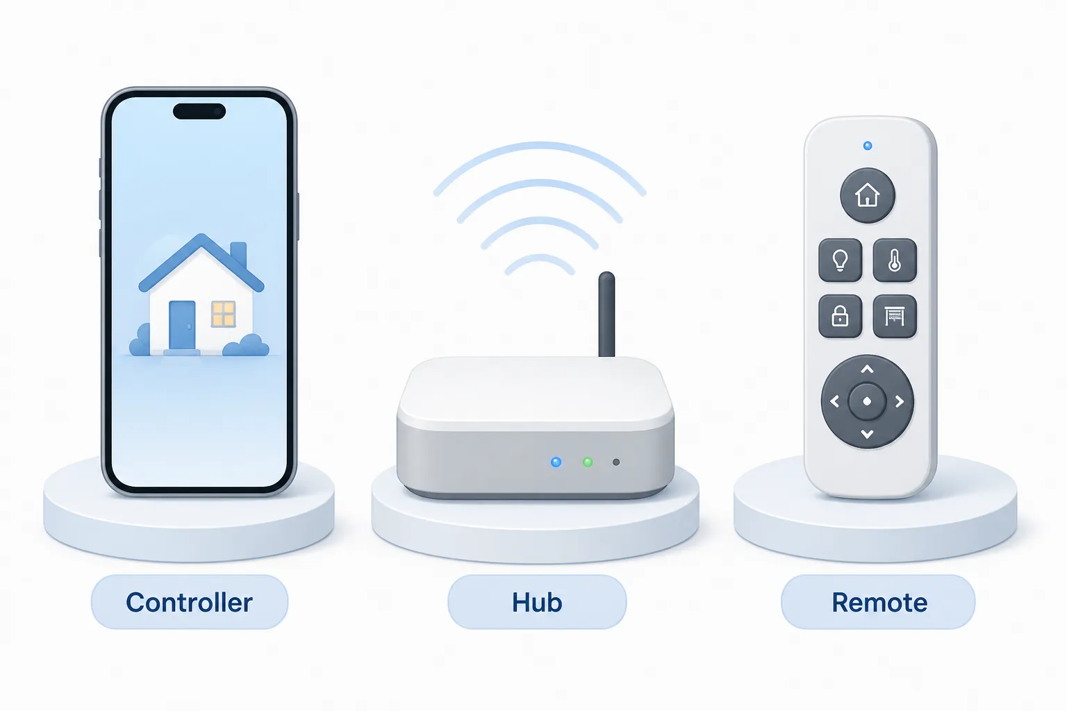 comparison of a smartphone controller, smart home hub, and handheld remote
