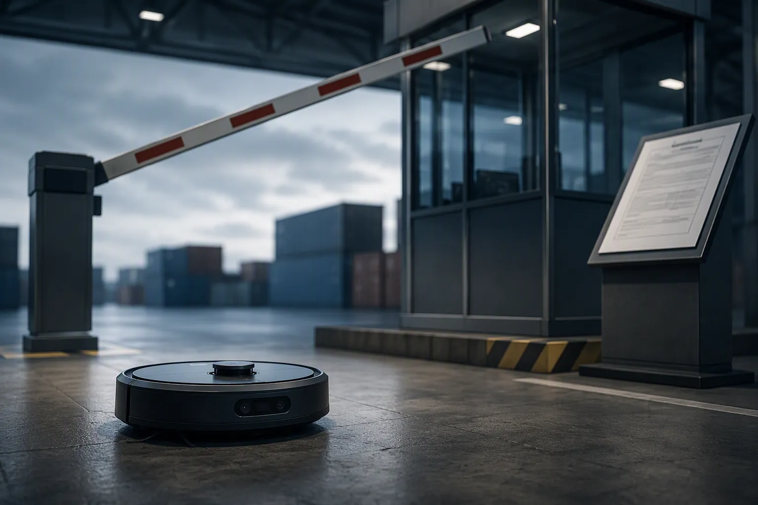 Robot vacuum facing a customs-style regulatory checkpoint with a raised barrier