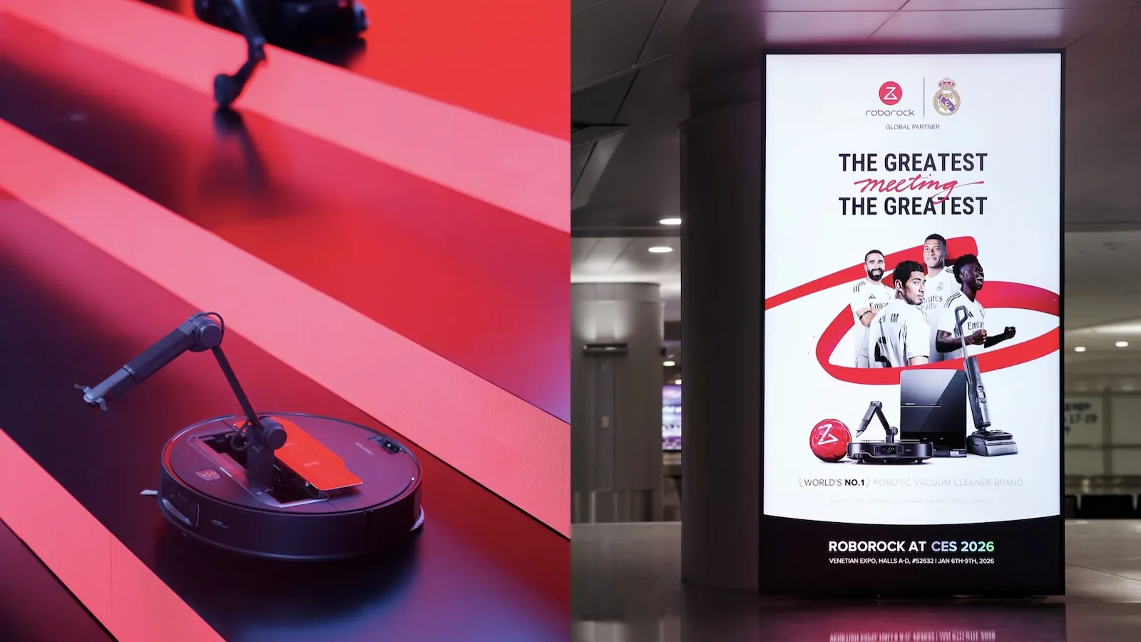 Roborock brand experience booth at CES 2026 with product displays, illuminated signage, and visitors