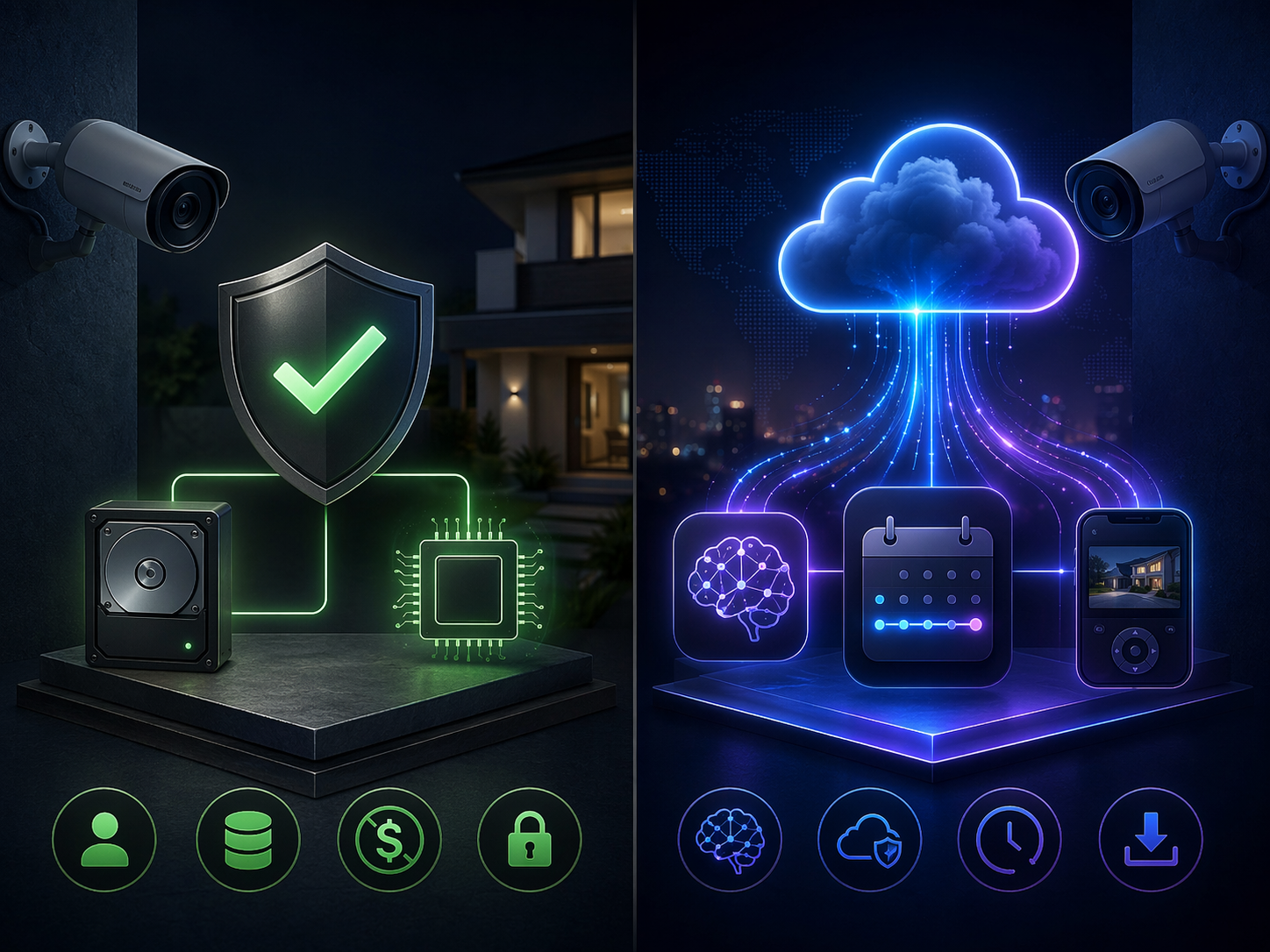 Comparison of local camera storage benefits such as ownership and privacy against cloud features such as AI search and off-site backup
