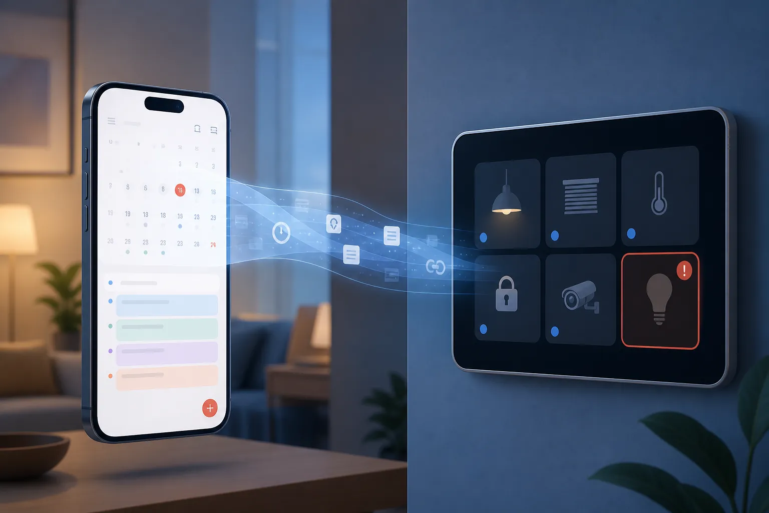 iPhone Calendar interface connected to a smart home control panel showing No Response on a light