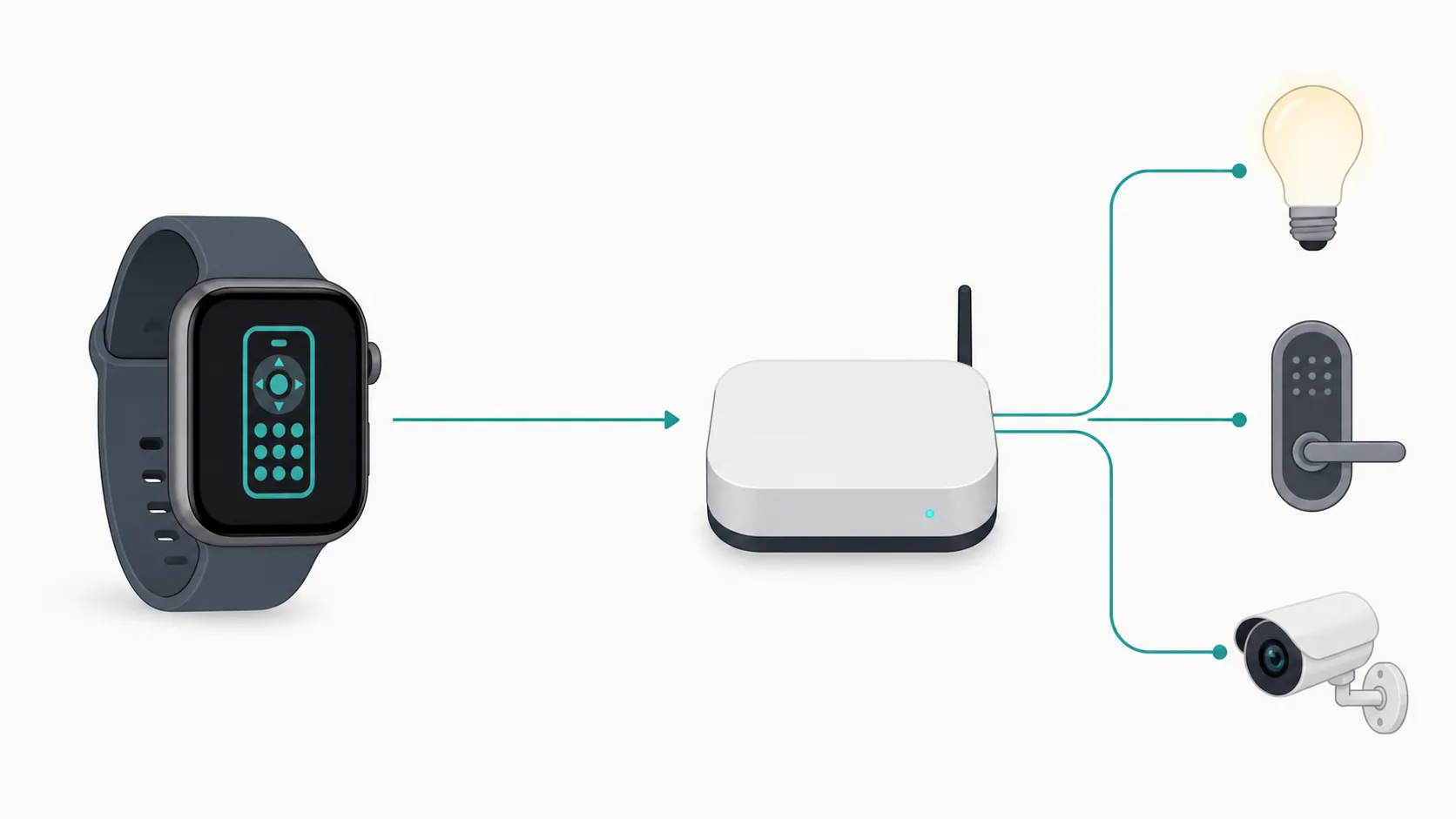 Illustration of a smartwatch connected to a home hub that then connects to lights, lock, and camera