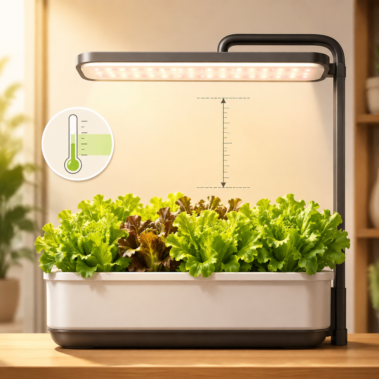Smart indoor garden ruler showing grow light 4 to 6 inches above lettuce and temperature range of 55 to 70 degrees Fahrenheit