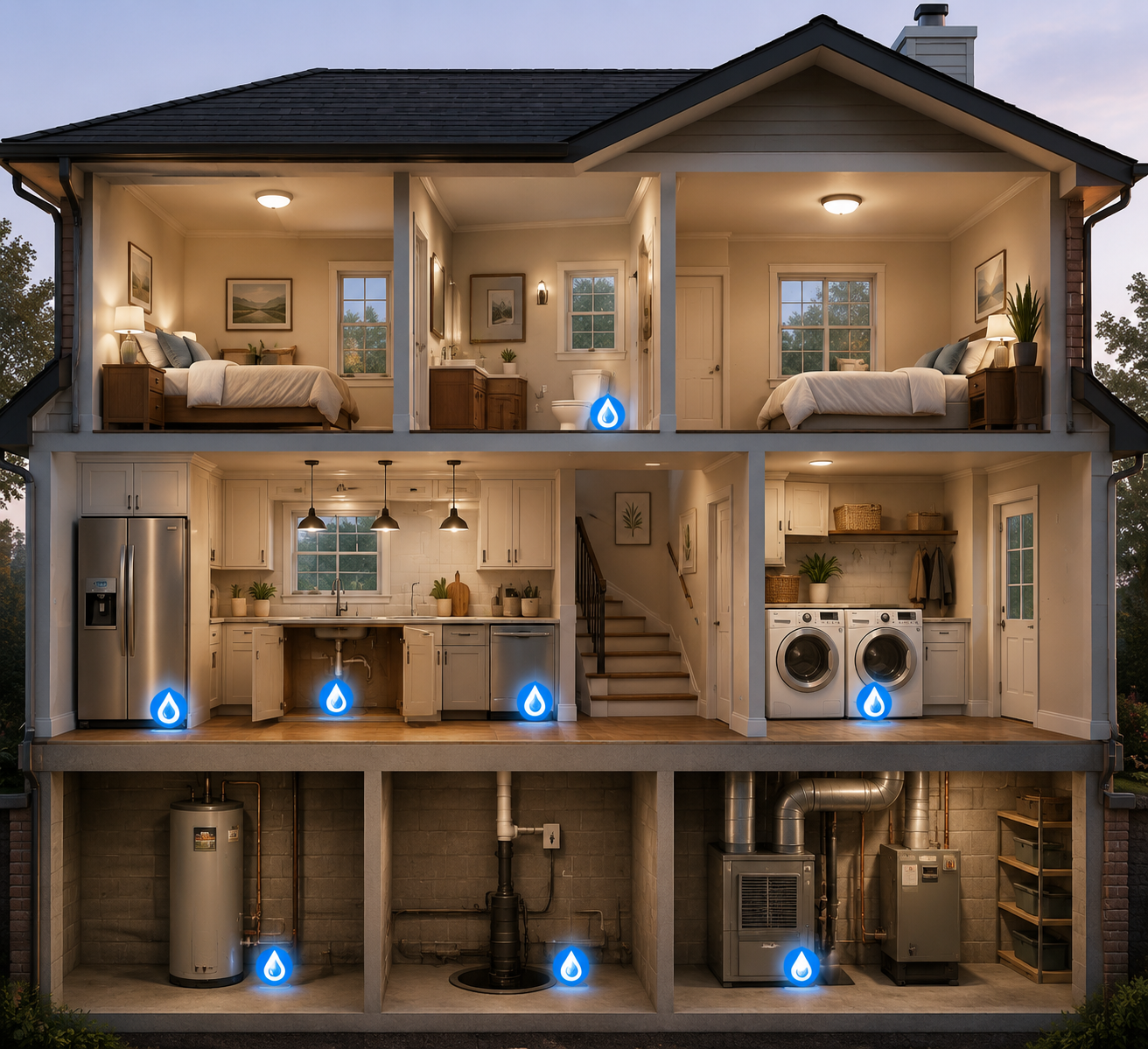 Cross-section home illustration marking critical water leak sensor placement areas including sink, washer, toilet, water heater, refrigerator, sump pump, and furnace