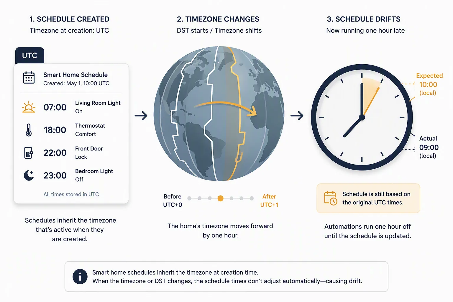 Diagram showing a UTC-tagged schedule, timezone bands, and a wall clock one hour off