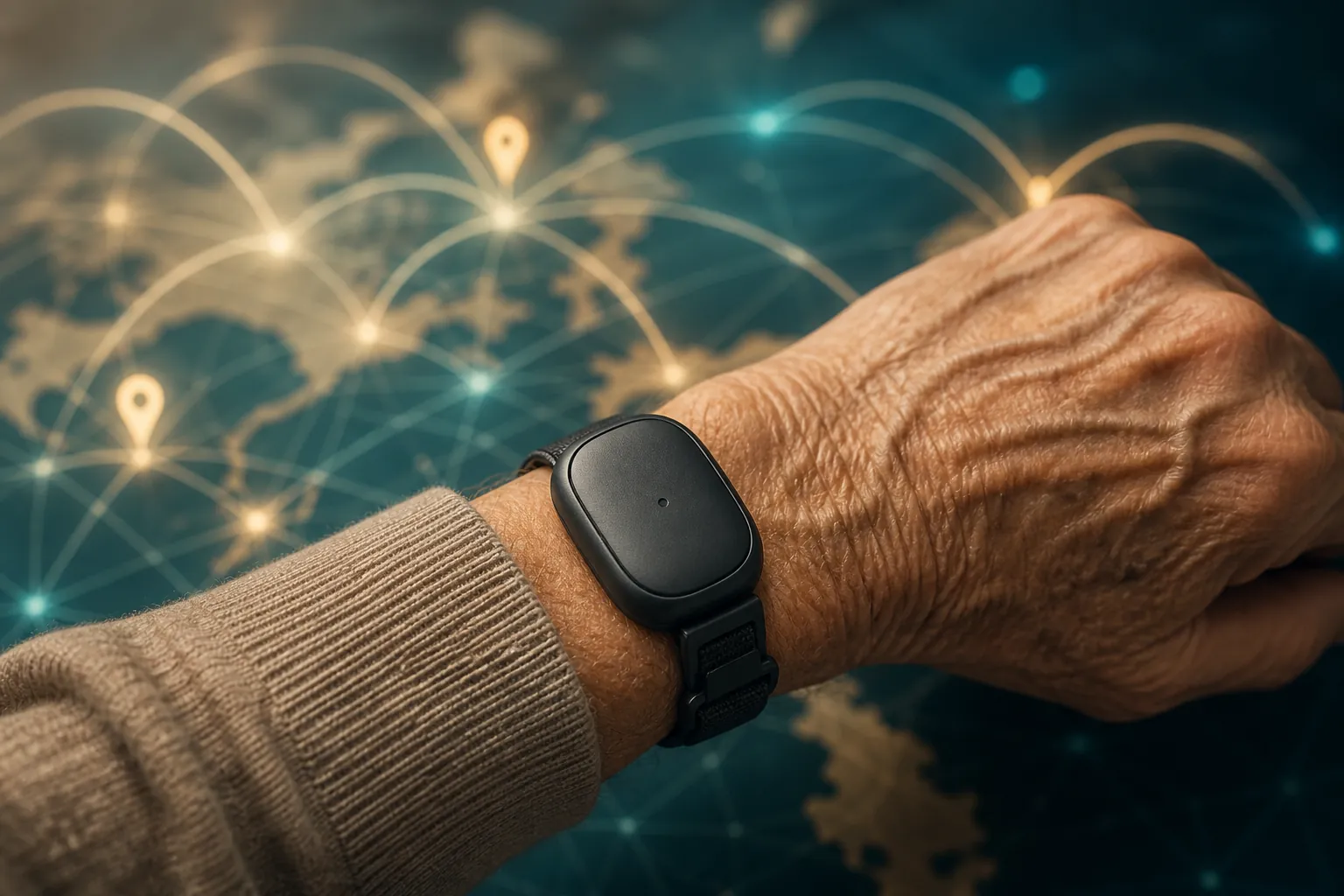 Elderly person wearing a minimalist GPS tracker watch with a locking strap against an abstract cellular coverage map