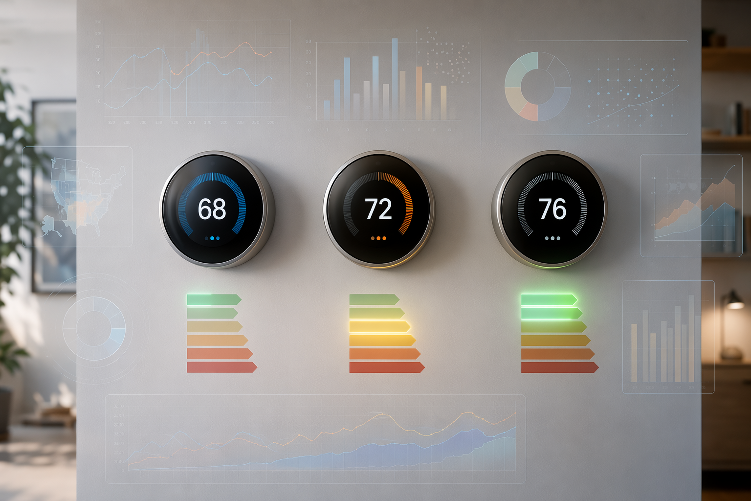 Three smart thermostats on a modern wall with energy-efficiency indicators and data charts