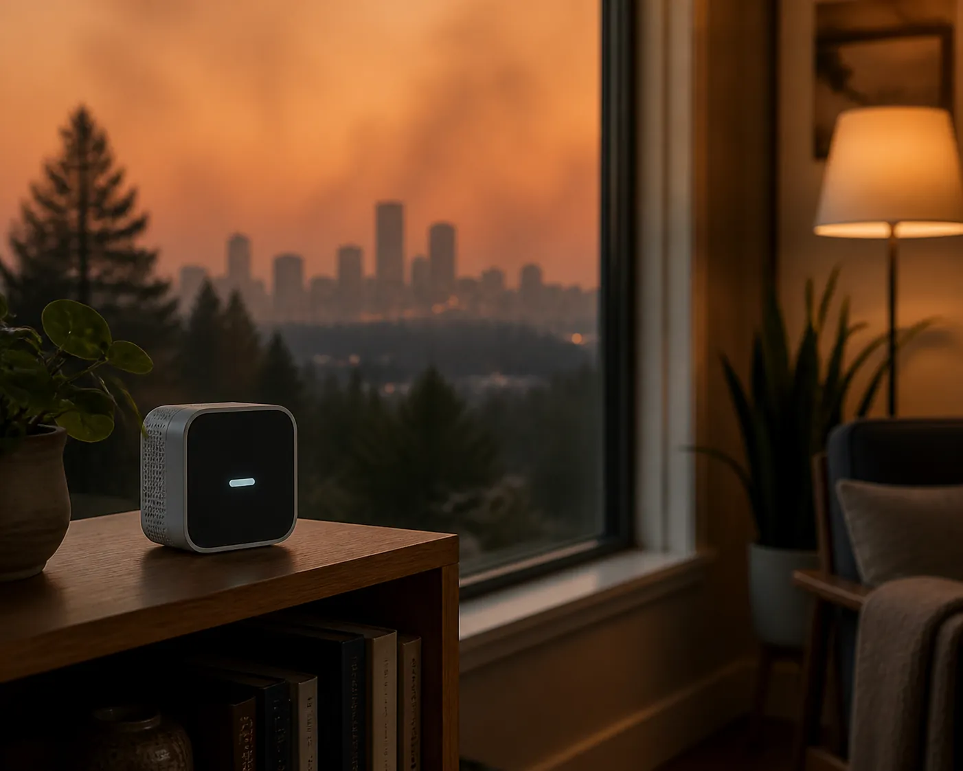 Air quality monitor on a shelf inside a living room while wildfire smoke glows orange outside the window