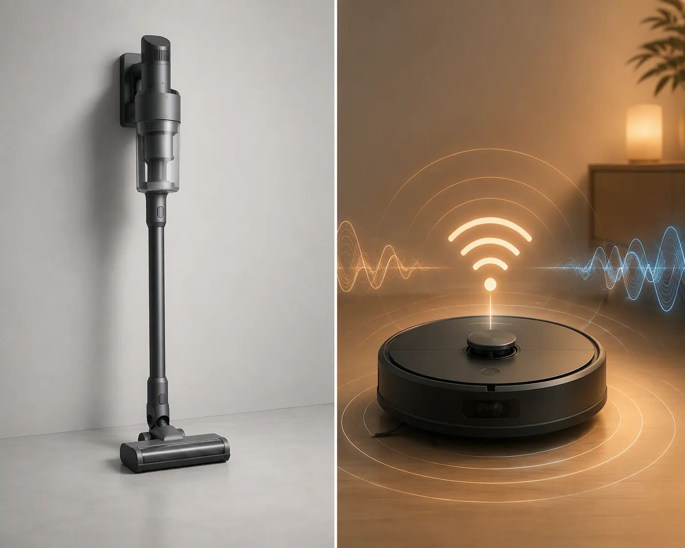 Split illustration showing an offline cordless stick vacuum beside a Wi-Fi connected robot vacuum