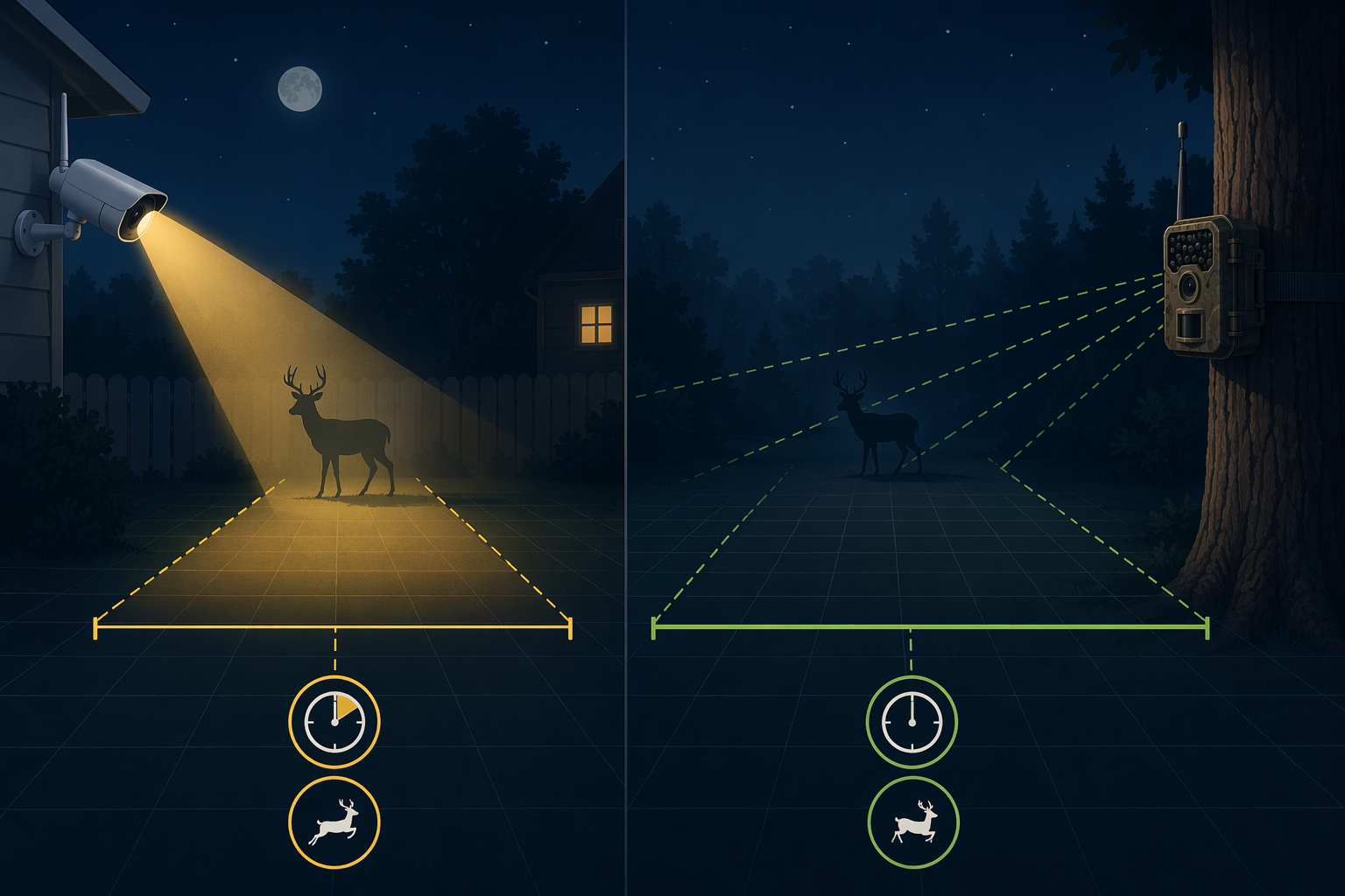Comparison of a security camera with shorter detection range and visible spotlight versus a trail camera with longer range and invisible infrared