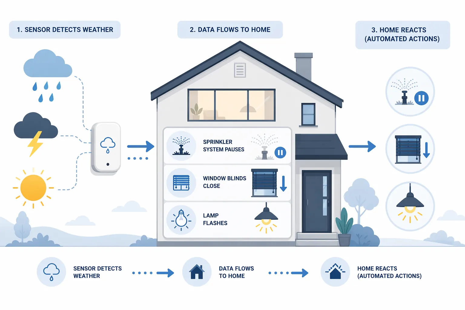 Illustration of weather data flowing from rain, lightning, and sun sensors into smart home actions