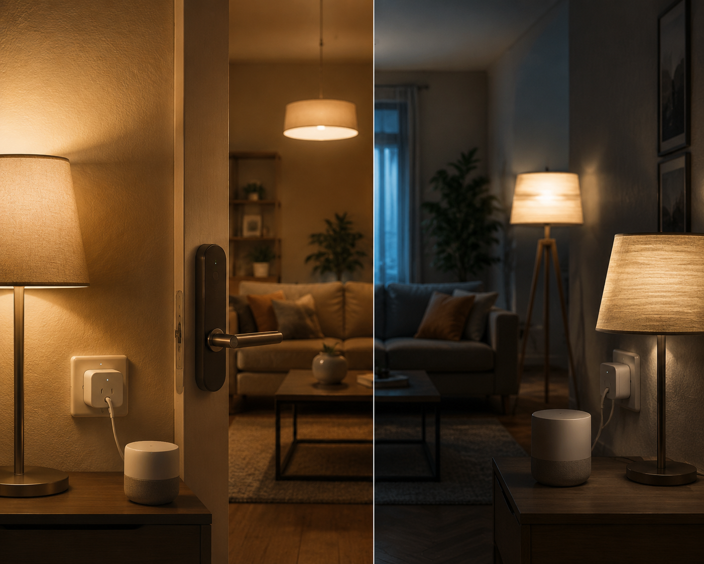 Split living room showing reliable smart home devices on one side and staggered lighting behavior on the other
