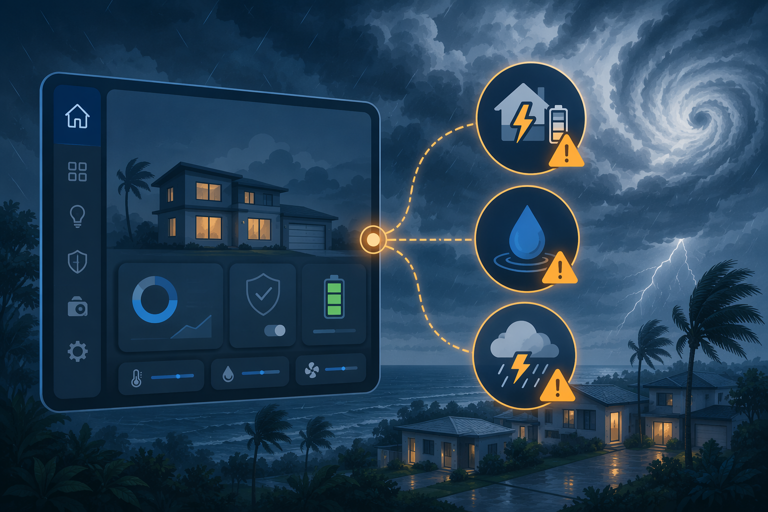 Smart home dashboard with power outage, leak warning, and weather alert automation signals against a stormy sky