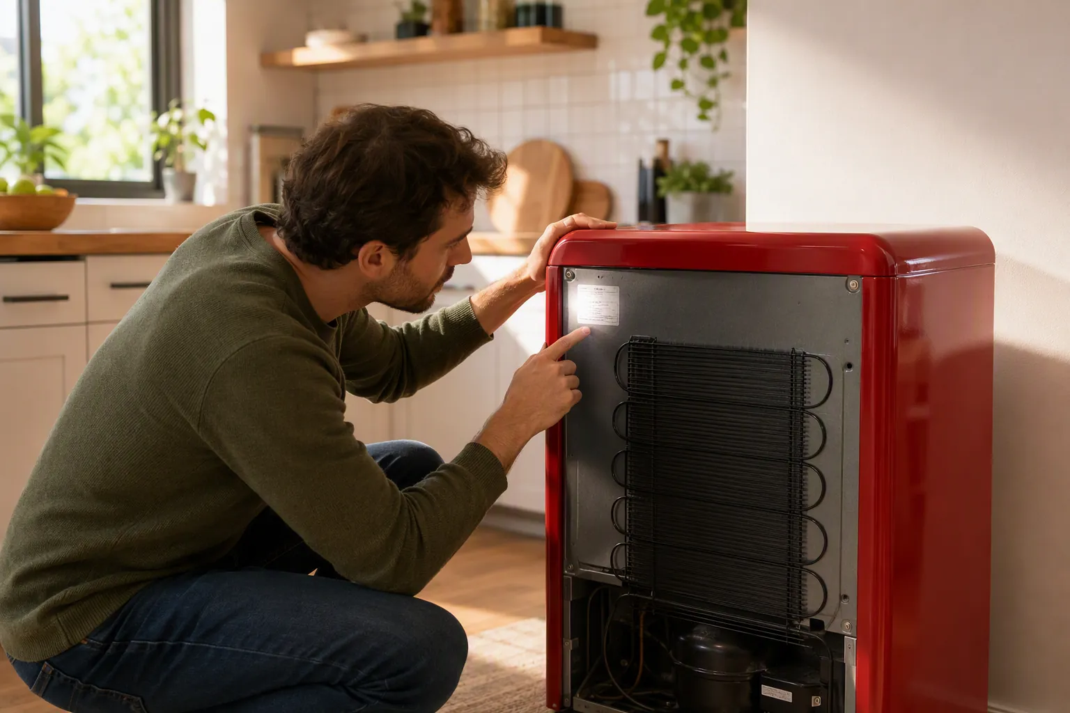 Person pulling a compact red retro refrigerator away from a kitchen wall to inspect the upper-left back label