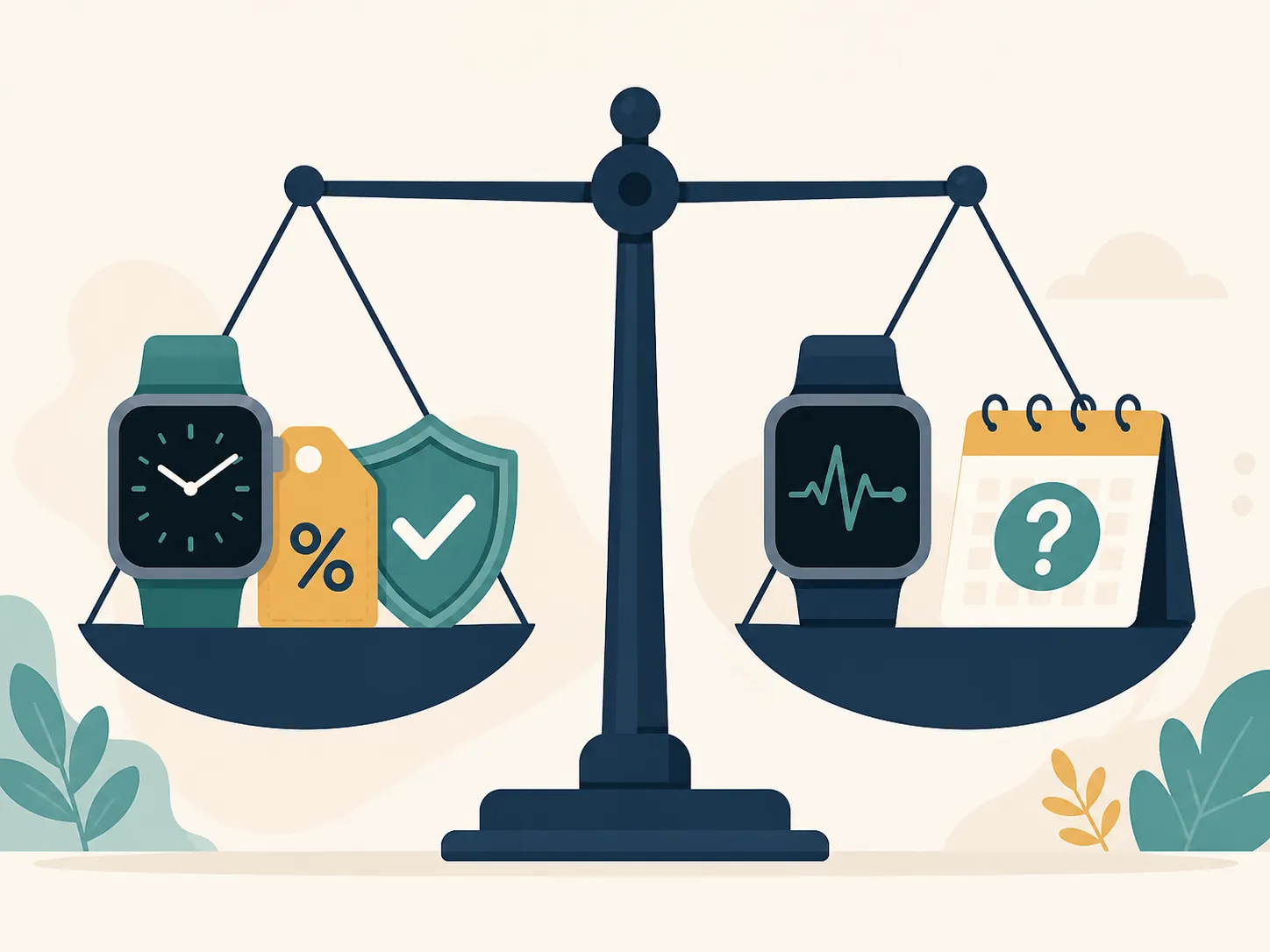Scale comparing a discounted current smartwatch against a future smartwatch with a question-mark calendar and health symbol