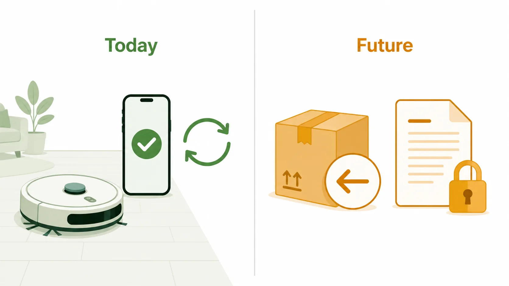 A split diagram contrasting a working robot vacuum today with future import and authorization restrictions