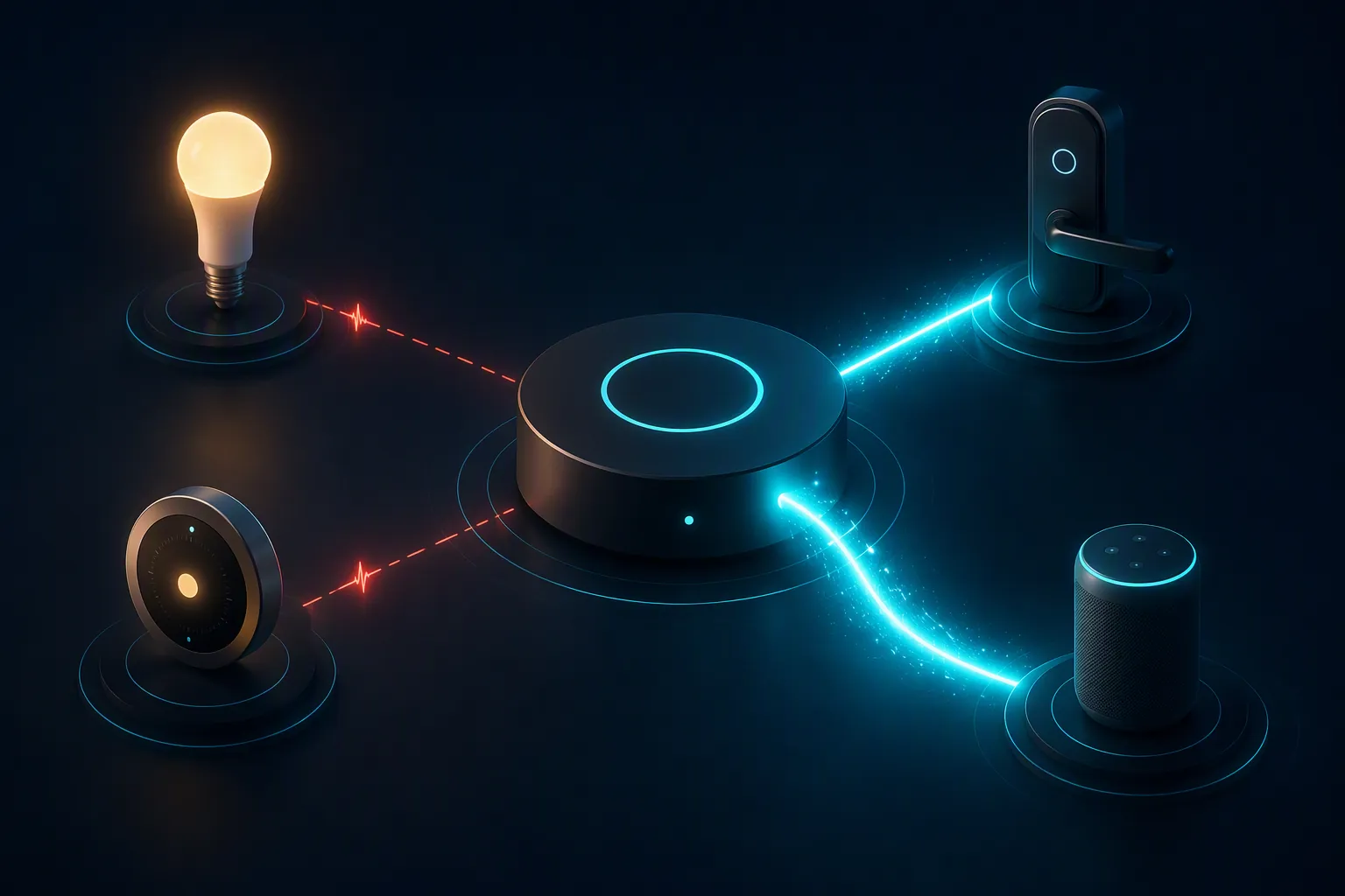 Smart-home hub linked to accessory icons with some broken red connection lines suggesting a hub or software mismatch
