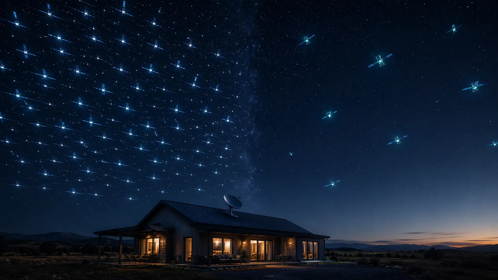 Rural house with a roof satellite dish under dense Starlink and smaller Amazon Leo satellite constellations