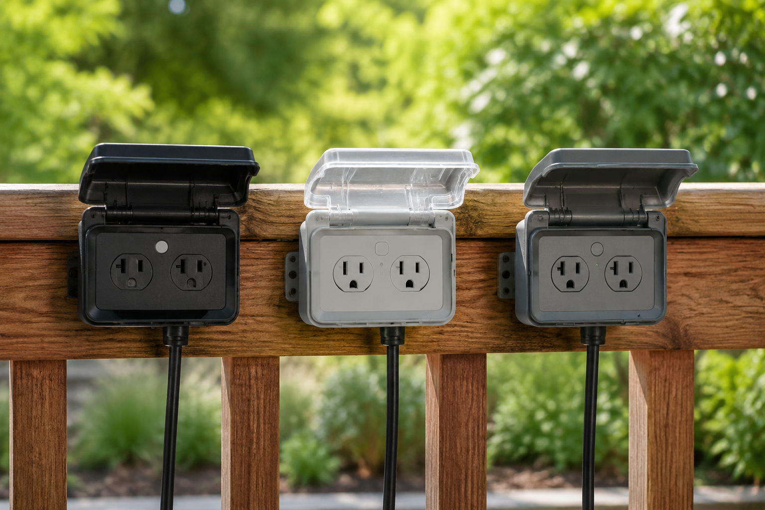 Three similar weatherproof outdoor smart plugs mounted side by side on a deck railing
