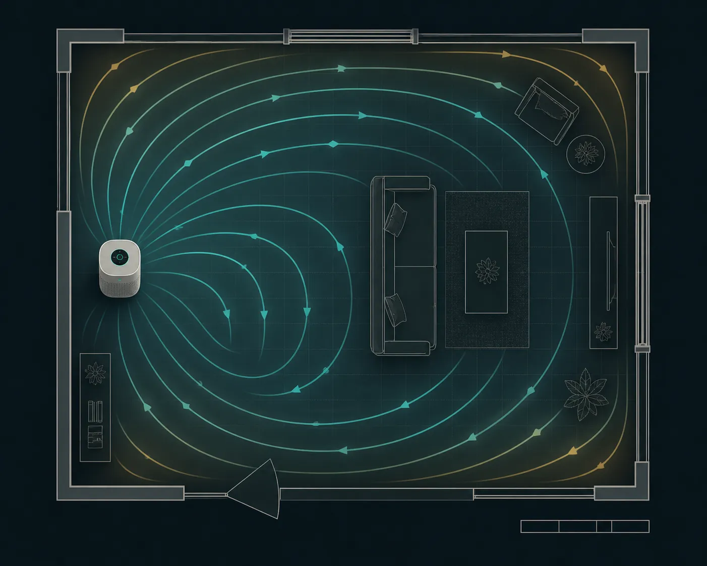 A room floor plan showing an air purifier circulating air across the full space