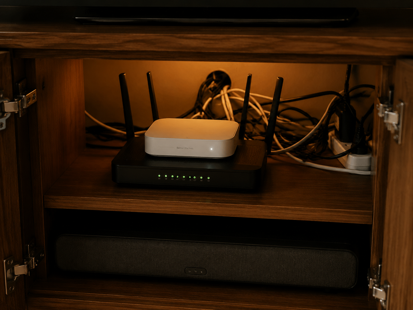 Smart home hub and router inside a closed wooden media cabinet with tangled cables and trapped heat