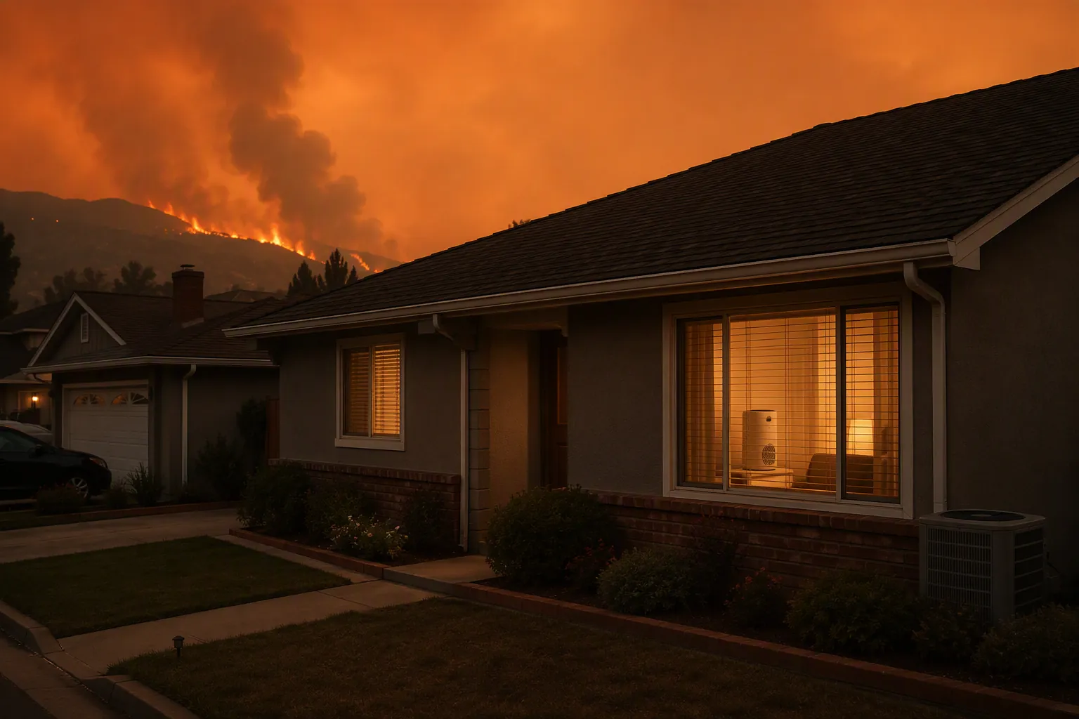 A sealed suburban house with air conditioning running under a smoky orange wildfire sky