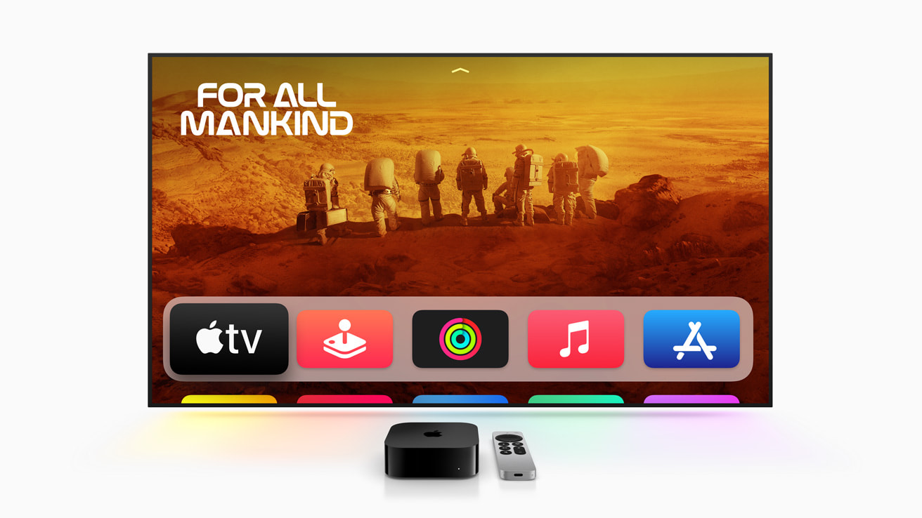 Apple TV 4K device and Siri Remote on a dark surface