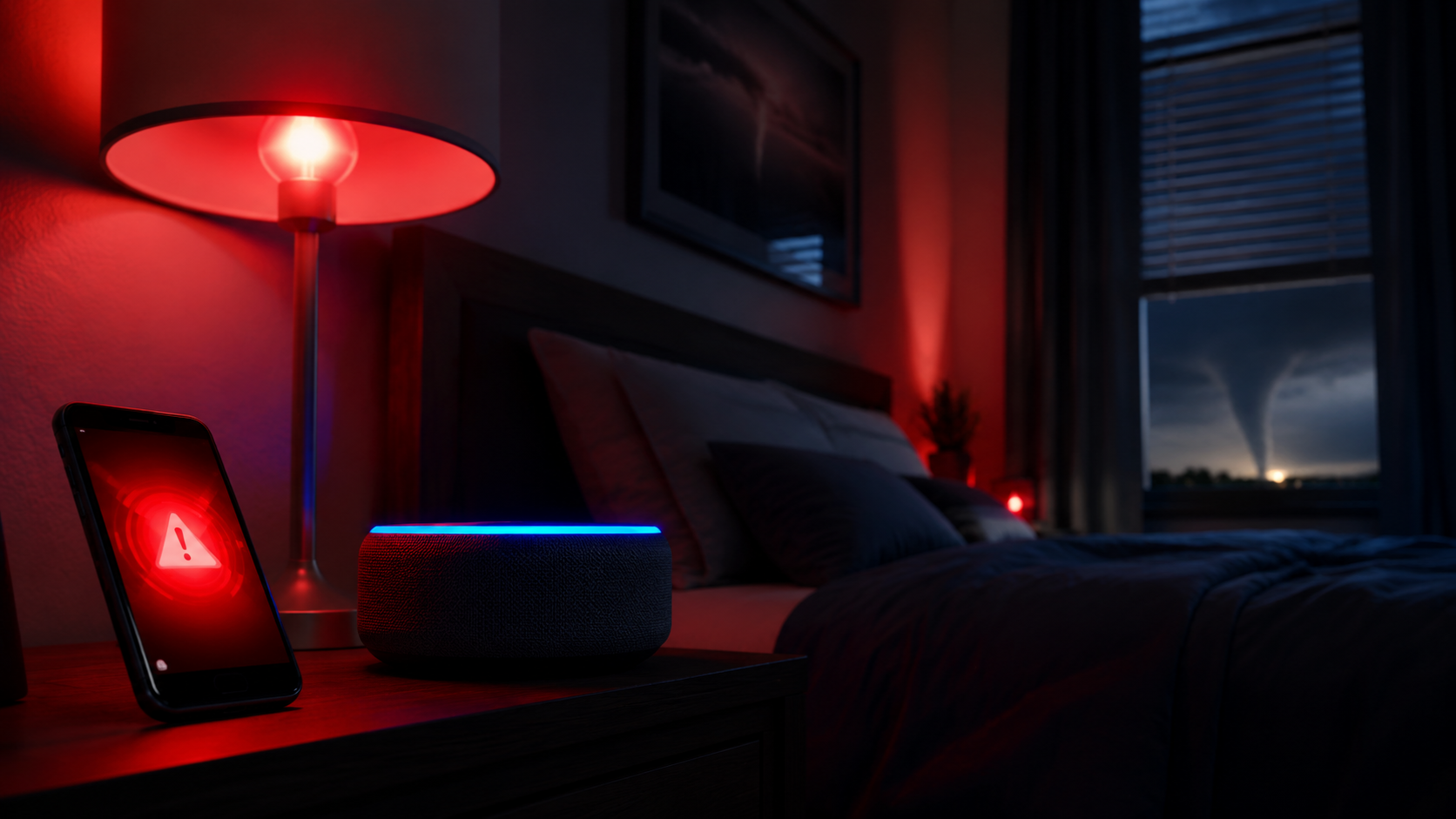 Layered smart home tornado alerts with a phone WEA, Echo speaker, and red smart lights