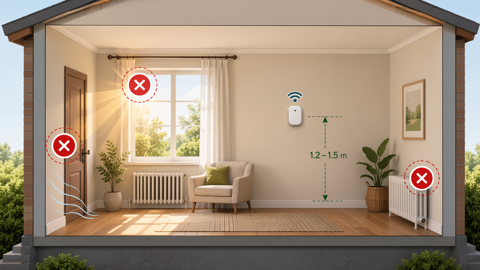 Room diagram showing a temperature sensor mounted at 1.2 to 1.5 meters on an interior wall away from heat, sun, and drafts