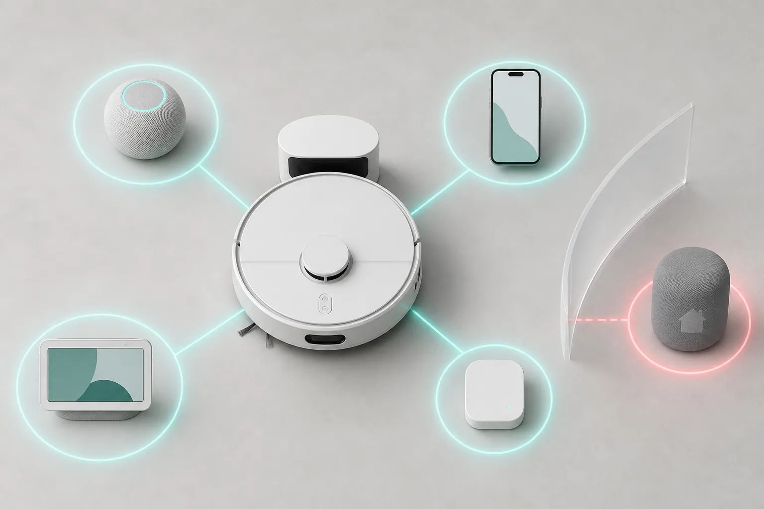 Robot vacuum dock connected to smart-home icons while one home hub icon sits separated behind a barrier