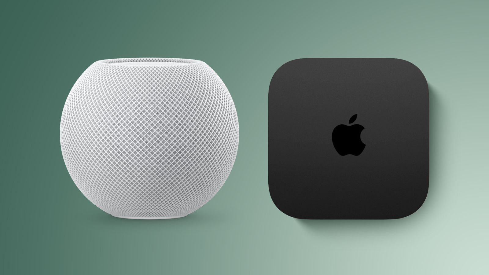 A HomePod mini and Apple TV 4K on a wooden surface
