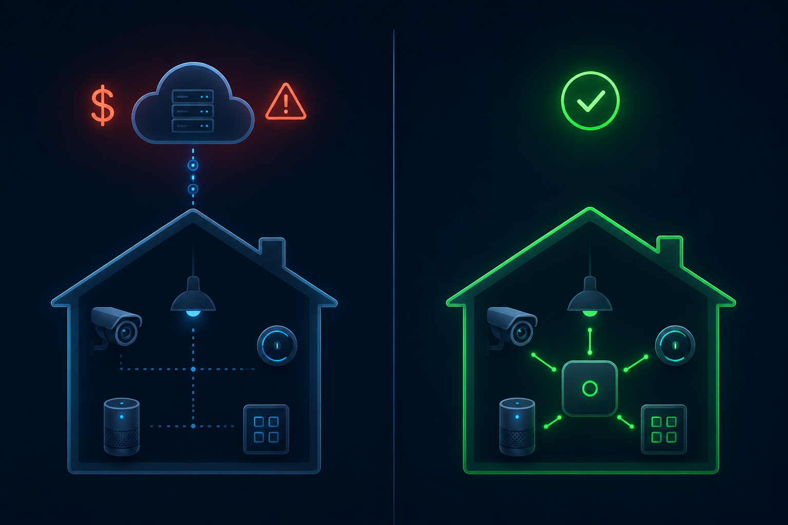 A house connected to a distant cloud on one side and a local hub processing inside the home on the other