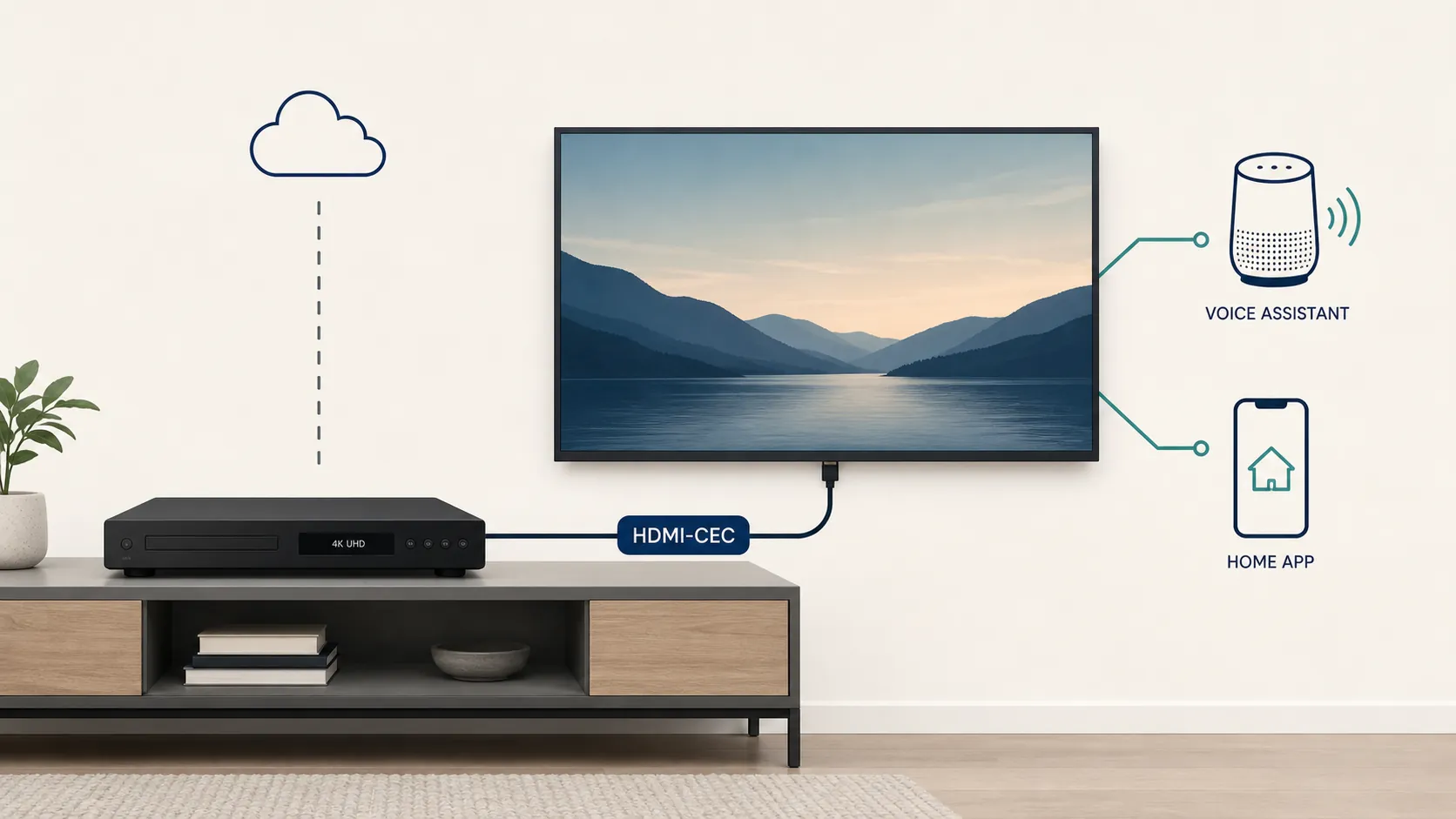 Home-theater control chain showing a UHD Blu-ray player connected to a TV through HDMI-CEC