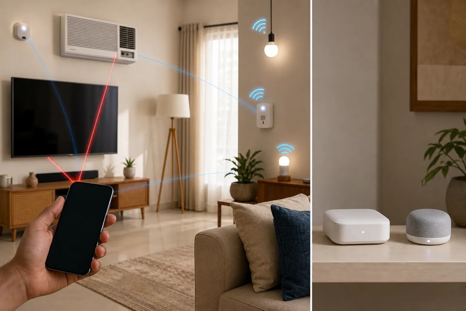 Smartphone controlling a TV and air conditioner by infrared while separate hub hardware sits apart