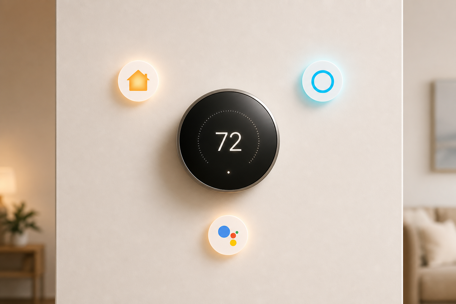 A sleek modern smart thermostat mounted on a neutral wall with three small glowing ecosystem badge icons arranged around it representing three smart home platforms.