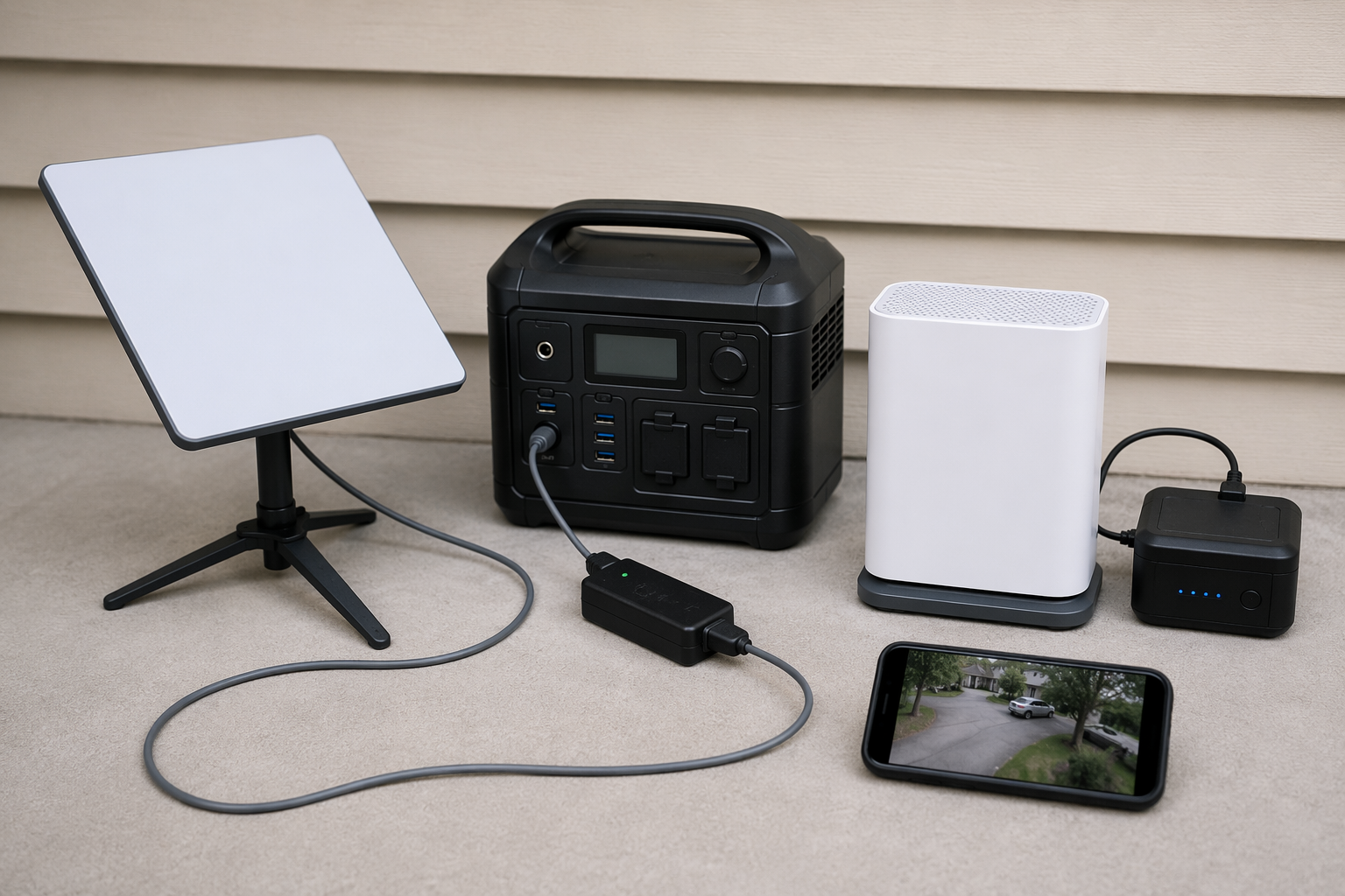 Starlink Mini and backup Wi-Fi gear connected to a portable power station with a phone showing a camera feed.