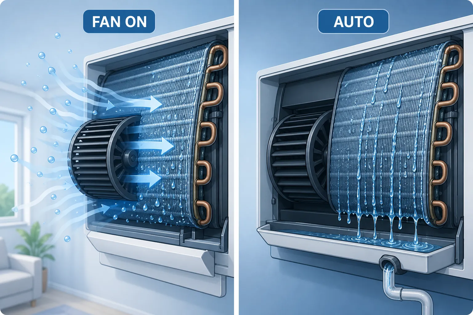Infographic comparing FAN ON blowing moisture from a wet AC coil back into room air with AUTO allowing condensation to drain